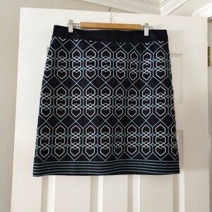 Ann Taylor Pencil Skirt Blue w White/Blue Embroidered Geometric Pattern Sz 14